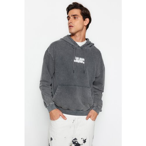 Trendyol Anthracite Men's Relaxed Aged/Faded-effect Printed Back Sweatshirt. Cene