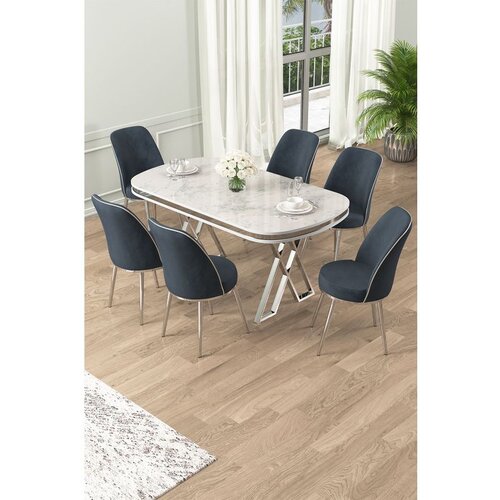 Hanah home Lai - White, Chrome, Anthracite WhiteChromeAnthracite Dining Table & Chairs Set (7 Pieces) Cene