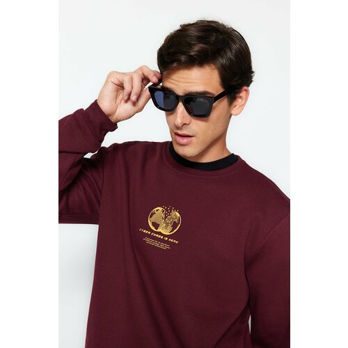 Trendyol Brown Men's Regular/Normal Fit Space Printed Fleece Inner Sweatshirt Slike