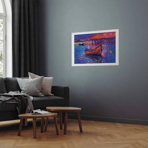  Plakat - Modern impressionism - night landscape of a lake with a floating boat 60x40 Bez okvira s margom Slike