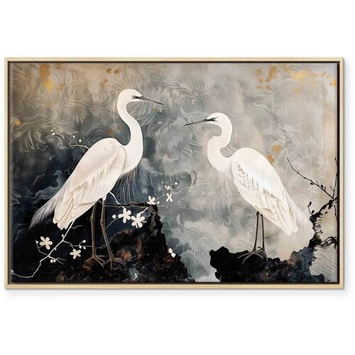  Slika - Herons and cherry blossoms - oriental-style illustration depicting birds 120x80 U prirodnom drvenom okviru Slike
