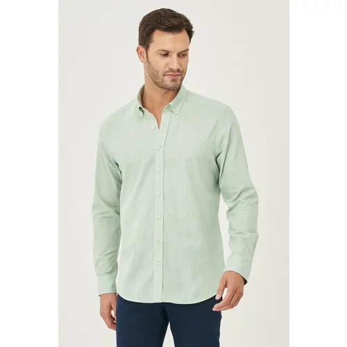 AC&Co / Altınyıldız Classics Men's A.Mint Tailored Slim Fit Oxford Buttoned Collar Linen-Looking 100% Cotton Flared Shirt.