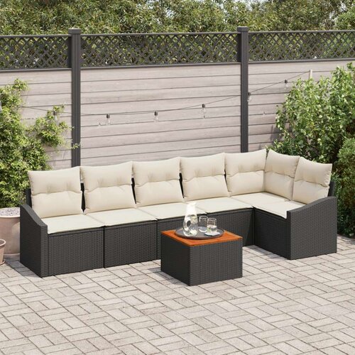 vidaXL 7-delna vrtna sofa garnitura z blazinami črna poli ratan akacija Cene