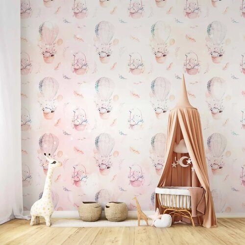  Foto tapeta - Solid pattern with feathers - hares in a basket and in a balloon for children 400x280 Vodootporna Cene