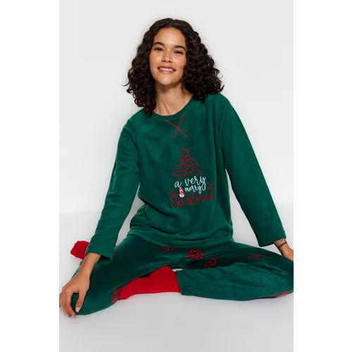 Trendyol Green Christmas Themed Fleece Tshirt-Pants Knitted Pajamas Set