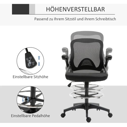  Uredska stolica stolica za stol funkcija stajanja s osloncem za noge okretno sjedalo čelik crna 64 x 60 x 106-126 cm Slike