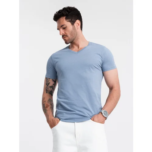 Ombre BASIC men's classic cotton T-shirt with a serape neckline - blue