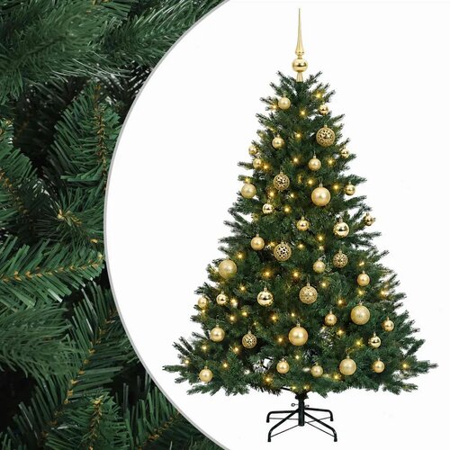  Umjetno božićno drvce s kuglicom 150 cm 150 LED lampica - Zelena 150 cm s LED žaruljama i zlatnim kuglicama Slike