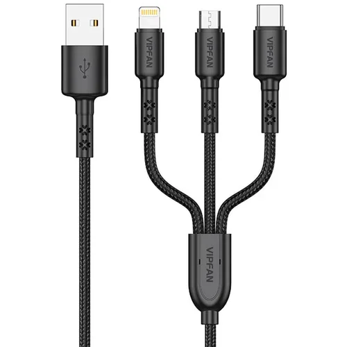 VIPFAN USB kabel X02 3-v-1 USB-C / Lightning / Micro 3.5A 1.5m (črn), (20627359)