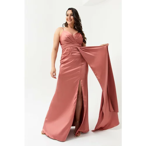 Lafaba Women's Salmon Plus Size Long Satin Evening Dress & Prom Dress