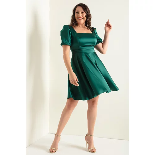Lafaba Women's Emerald Green Balloon Sleeve Flared Cut Mini Plus Size Satin Evening Dress