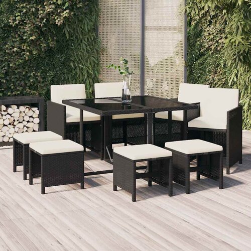  9-dijelni vrtni blagovaonski set s jastucima crni od poliratana Crna 109 cm table length Slike