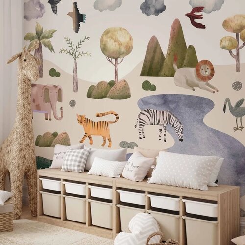  Foto tapeta - Africa for Toddlers - Savannah Animals in Pastel Colours 150x105 Vodootporna Slike