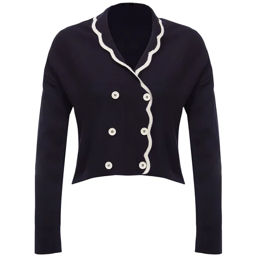 Trendyol Navy Blue Double Breasted Collar Color Blocked Knitwear Cardigan