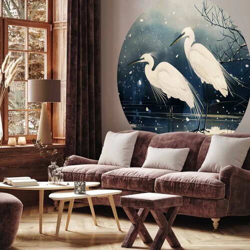  Okrugla fototapeta - Herons over a winter pond - Japanese-style illustration in dark colours 230x230 Cijene