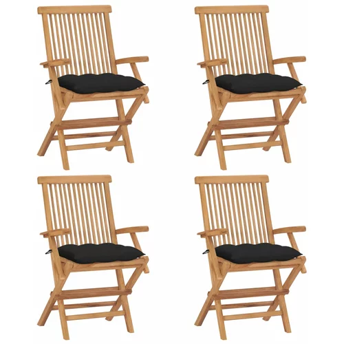  Vrtne stolice s crnim jastucima 4 kom od masivne tikovine