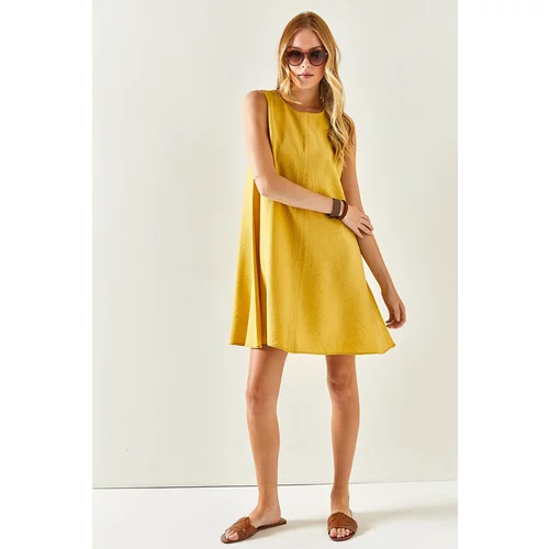 Olalook Women's Yellow Sleeveless Linen Blend A-Line Dress
