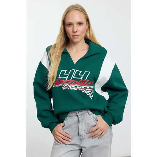 Trendyol Emerald Green Thick Fleece Inside Oversize/Wide Fit Polo Neck Knitted Sweatshirt