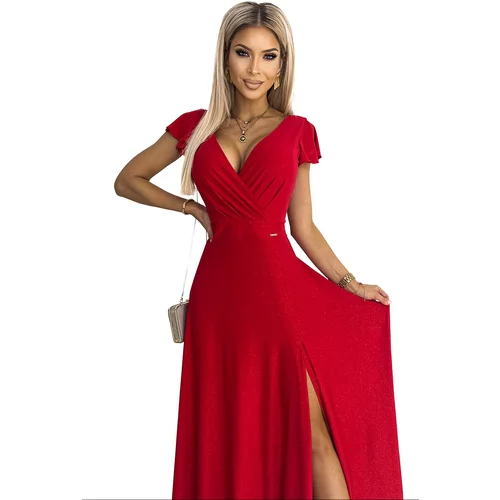 NUMOCO women's glittery long dress with CRYSTAL neckline - red