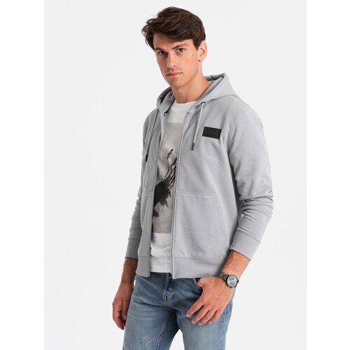 Ombre Men's unbuttoned sweatshirt with hood and patch - grey Slike