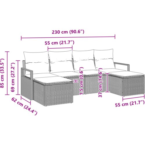 vidaXL 6-delna vrtna kavčna garnitura z blazinami Bež Poli Ratan Cene
