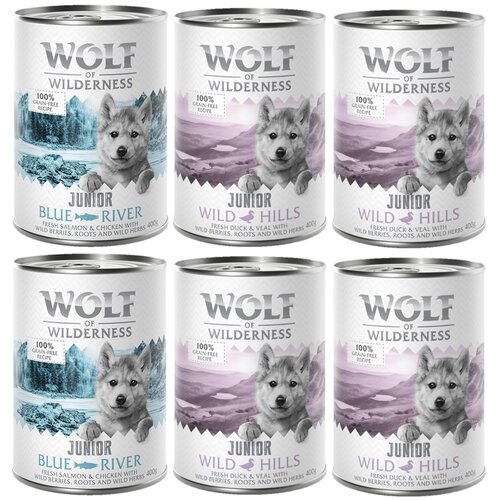Wolf of Wilderness mešano pakiranje - 6 x 400 g Junior miks: 4x raca & teletina, 2x piščanec & losos Cene