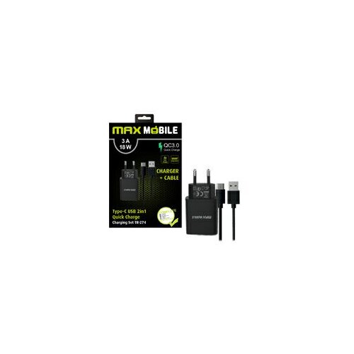 Max Mobile kućni punjač SET 2U1 QC 3.0 QUICK CHARGE USB + TYPE C, 3A,18W crni Cene