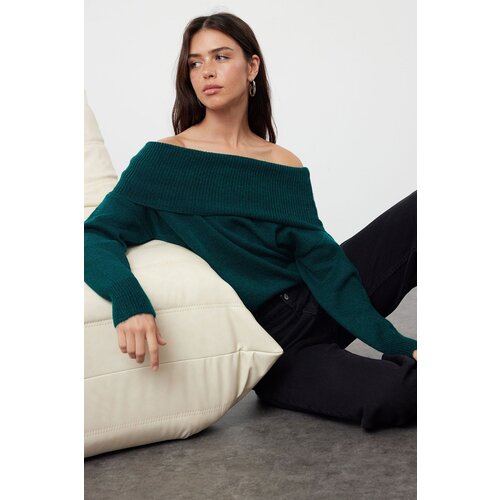 Trendyol Emerald Green Soft Textured Carmen Collar Knitwear Sweater Slike
