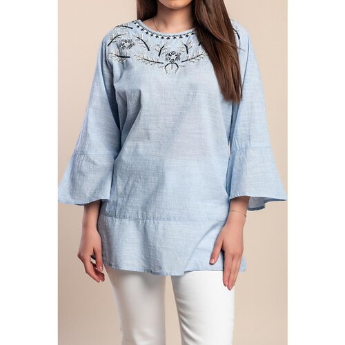 Fenzy Pamučna Bluza Plus Veličine S Vezom, Svijetloplava Slike