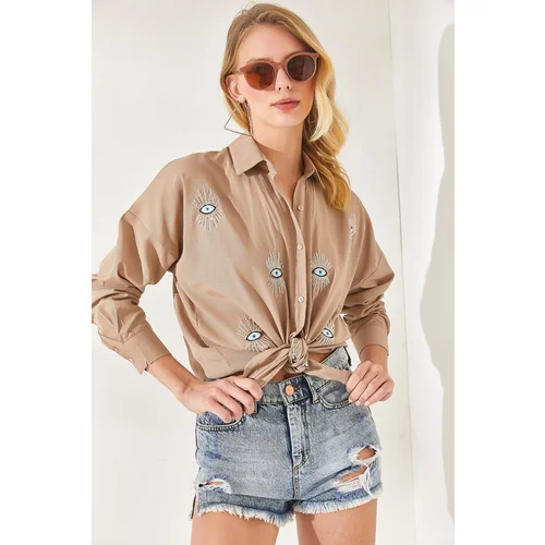 Olalook Mink Sequin Detailed Woven Boyfriend Shirt