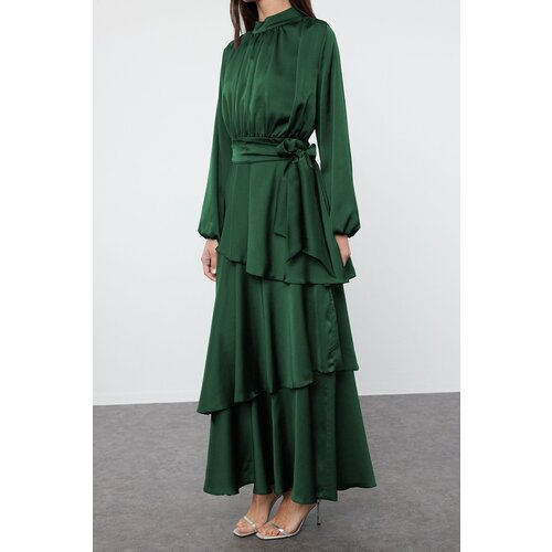 Trendyol Dark Green Skirt Tiered Satin Woven Evening Dress/Evening Dress Slike