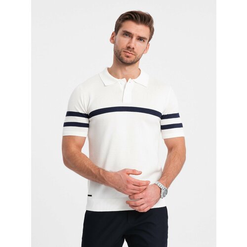 Ombre Men's soft knit polo shirt with contrasting stripes - white Slike