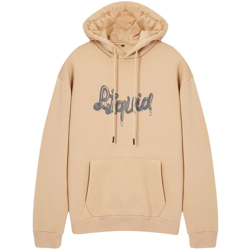 Trendyol Stone Oversize/Wide Cut Hooded Text Printed Sweatshirt with Fleece Inside