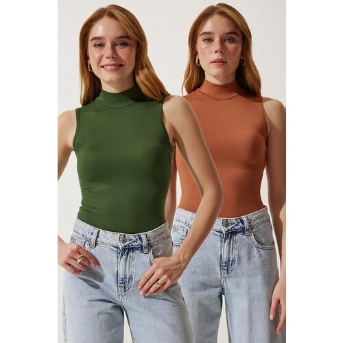  Women&amp;#039;s Dark Green Camel High Neck Sleeveless Slike