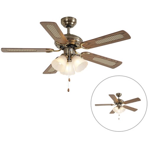QAZQA Medeninasti stropni ventilator z lesnim potiskom in ratanom 108 cm s potegom - Mistral Lia Cene