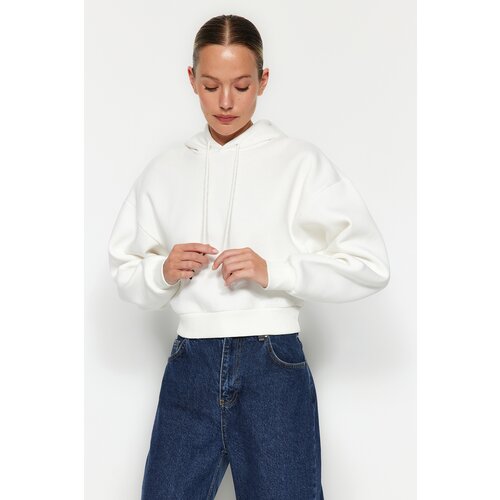 Trendyol Thick Ecru, Fleece Inside, Hoodie. Relaxed-Cut Crop Basic Knitted Sweatshirt Cene