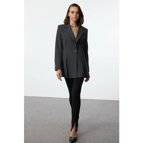 Trendyol Grey Striped Premium Polyviscose Blazer Jacket