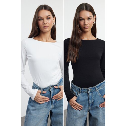 Trendyol Black-Ecru Double Pack Boat Neck Fitted Knitted Blouse Slike