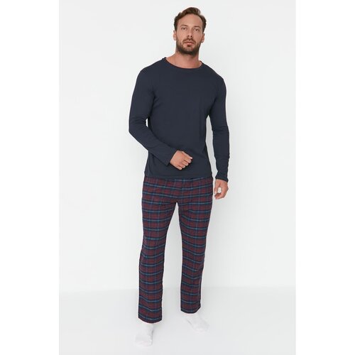 Trendyol Navy Blue Men Regular Fit Plaid Top Knitted Bottom Woven Pajamas Set Slike
