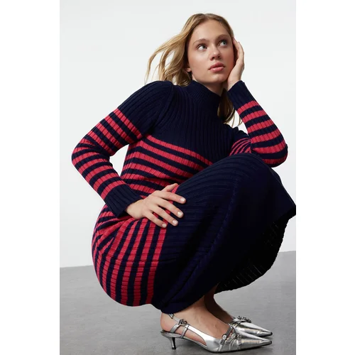 Trendyol Navy Blue Maxi Knitwear Striped Dress