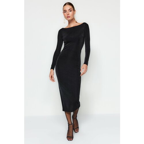 Trendyol Black Form-fitting Unlined Knitted Elegant Evening Dress with Accessories Slike