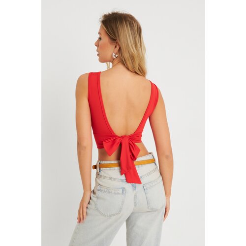 Cool & Sexy Women's Tie Back Crop Blouse Red Cene
