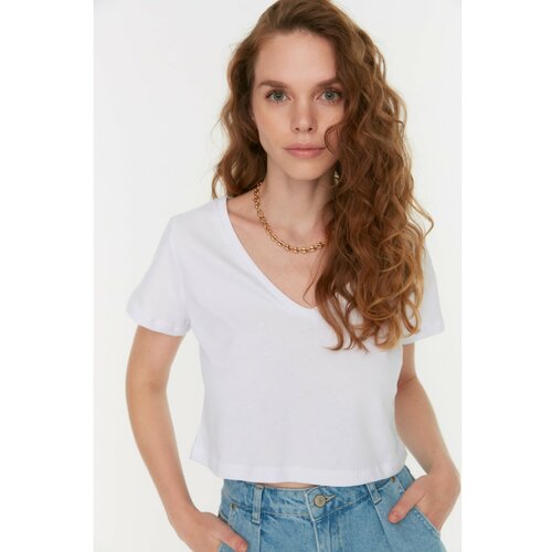 Trendyol White 100% Cotton Single Jersey V Neck Crop Knitted T-Shirt Slike