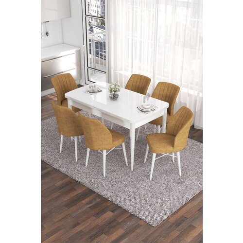 Hanah home Eva - White, Cappuccino WhiteCappuccino Extendable Dining Table & Chairs Set (7 Pieces) Cene