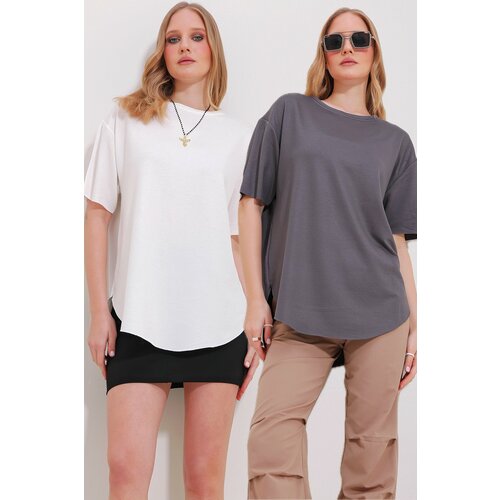 Trend Alaçatı Stili Women's White Anthracite Crew Neck 2-Pack Oval Cut Modal T-Shirt Slike