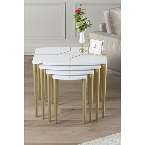 Hanah home set od 4 umetnutih stočića Lyon, beli / zlatni Cene