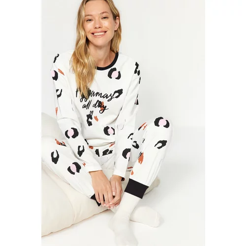 Trendyol White Leopard Pattern Slogan T-shirt-Jogger Knitted Pajamas Set