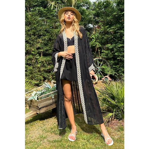 Trend Alaçatı Stili women's black ethnic bordered self opening kimono jacket Slike