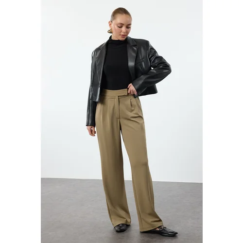 Trendyol Dark Khaki Velcro Closure High Waist Pleated Wide Leg/Wide Cut Trousers