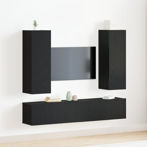 vidaXL 4-delni komplet TV omaric stenska montaža črna hrastovina inženirski les, črna hrastova TV omarica 80x30x30 cm narejena iz inženirske lesa, stenske TV omarice - 2 kosa črna hrastovina, 30.5x30x90 cm, narejena iz inženirske lesa Cene